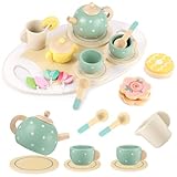 GAGAKU Wooden Tea Set for Little Girls,Wooden Toys Toddler Tea Set Play Kitchen Accessories for Kids Pretend Play Food Playset for Kids Tea Party 15Pcs