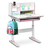 Costzon Kids Desk, Height Adjustable Children Study Desk w/Tilt Desktop, Storage Drawer, Book Shelf, Metal Hook, Writable Tabletop for Writing, Painting, Reading, Multifunctional Student Desk, Pink