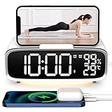 VOILEIPAGI Digital Alarm Clock with Wireless Charging, Bluetooth Speakers, USB Charger, Night Light, Snooze,Temperature, Dual Alarm Clock for Heavy Sleepers Adults, Alarm Clocks for Bedrooms (White)