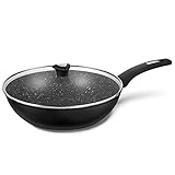 KOCH SYSTEME CS 12'' Black Wok with Lid, Ultra Non Stick Frying Pan with Glass Cover, Marble Coating Deep Frying Pan with APEO & PFOA-Free, Aluminum Stir Fry Pan, Induction Compatible