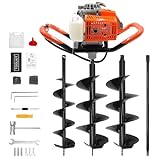 72CC Auger Post Hole Digger, 2 Stroke Gas Powered Earth Post Hole Digger with 2 Auger Drill Bits(6' & 8') + 1 Extension Rods for Farm Garden Plant, Orange (72CC)