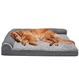 Furhaven Orthopedic Pet Bed for Dogs and Cats - L Chaise Sofa Two-Tone Plush Fur and Suede Couch Dog Bed with Removable Washable Cover, Stone Gray, Jumbo (X-Large)