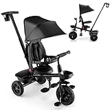 HONEY JOY Tricycle, All-in-1 Kids Trike Stroller w/Adjustable Push Handle & Canopy, Reversible Seat, Safety Belt, Folding Pedal, Cup Holder, Storage, Push Tricycle for Toddlers 1-5 Years Old (Black)