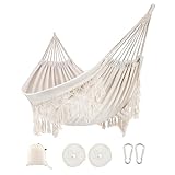 ROOITY Indoor Hammock with Macrame Fringe for 2 Persons,Double Boho Hammocks with Tassels,Portable Cotton Rope Hamaca Swing with Travel Bag for Outside,Porch,Garden,Patio,Backyard,Up to 500lbs White