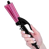 FARERY 1/2 Inch Mini Hair Crimper Iron for Beach Waves - 3 Barrel Curling Iron with Keratin & Argan Oil, Dual Voltage, Pouch Bag
