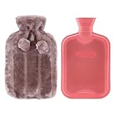 HomeTop Premium Classic Rubber Hot Water Bottle and Luxurious Faux Fur Plush Fleece Cover w/Pom Pom Decor (Nude Pink)