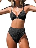CUPSHE Bikini Set for Women Bathing Suit High Waisted Scalloped V Neck Two Pieces Swimsuit, M Black