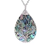 Wire Wrapped Abalone Teardrop Necklace - Handmade Silver Abalone Shell Water Drop Tree of Life Pendent Jewelry for Women