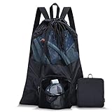 PACEARM Packable Swim Bag, Mesh Swim Drawstring Backpack with 35L Upgraded Capacity & Vented Design, Lightweight Swimmers Mesh Bag for Swimming Gear Snorkeling Equipment (Black)