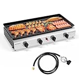 ROVSUN 4 Burner Portable Propane Griddle with Electronic Ignition, 40000 BTU Tabletop Flat Top Gas Grill with Nonstick Enameled Tray & Regulator for Outdoor Cooking Camping BBQ Tailgating Picnicking