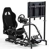 Supllueer Racing Black Seat Sim Cockpit with Monitor Stand fit for Logitech G27 G923 G920, Fanatec, Thrustmaster, 50mm Large Round Tube Racing Wheel Stand, No Wheel Shift Pedal TV