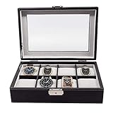 Elegant 8 Piece XL Oversized Extra Large Black Leatherette Watch Display Case and Storage Organizer Box for up to 65 MM watches with Glass Top and Large Faux Suede Grey Pillows Father's Day Gift