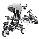 Babevy Baby Tricycle, 7 in 1 Folding Toddler Tricycle w/Removable Adjustable Push Handle, Canopy, Rotatable Seat, Safety Harness, Cup Holder & Storage, Trike for 1-5 Year Old (Gray)