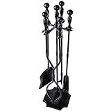AMAGABELI GARDEN & HOME 5 Pcs Fireplace Tools Sets Black Handle Wrought Iron Large Fire Tool Set and Holder Outdoor Fireset Stand Rustic Antique