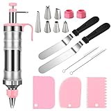 Cake Decorating Syringe Set - 1 Stainless Steel Cupcake Frosting Filling Injector, 2 Offset Spatula, 6 Icing Piping Nozzles, 3 Cream Scraper, 2 Nozzle Brush - Dessert Decorator Tools (pink)