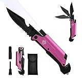 CHELONIAN 8.5' Military Outdoor Hunting Camping Pocket Knife, 7 in 1 Multi-Function Folding Knives with Fire Starter LED Light Seatbelt Cutter Glass Breaker Bottle Opener Tactical Blade (Pink)