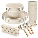 28pcs Wheat Straw Dinnerware Sets for 4, Microwave Safe Wheat Straw Plates and Bowls Sets, Large Plates, Bowls, Cups