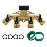 ATDAWN 4 Way Brass Hose Splitter, 3/4' Brass Hose Faucet Manifold, Garden Hose Adapter Connector