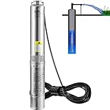 VEVOR Deep Well Submersible Pump, 1HP 115V/60Hz, 37gpm Flow 207ft Head, with 33ft Electric Cord, 4' Stainless Steel Water Pump for Industrial, Irrigation&Home Use, IP68 Waterproof Grade