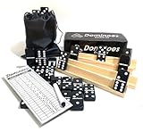 Double Six Dominoes Large Size Full Set Comes with Score pad & Pen 4 pcs Wooden Domino Racks and Black Dominos Bag Adults Kids Seniors Black Color (01)