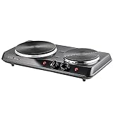 OVENTE Electric Countertop Double Burner, 1700W Cooktop with 7.25' and 6.10' Cast Iron Hot Plates, Temperature Control, Portable Cooking Stove and Easy to Clean Stainless Steel Base, Black BGS102B