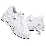 Roller Skates for Women Outdoor,Parkour Shoes with Wheels for Girls/Boys,Kick Rollers Shoes Retractable Adults/Kids,Quad Roller Skates Men,Unisex Skating Shoes Recreation Sneakers,Silver-8.5US