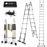 16.5FT Telescoping A Frame Ladder with Tool Tray, 2-In-1 Extension Ladder, Multi-Purpose Aluminum Telescopic Ladders with Ladder Stabilizer Wheels, Folding Foldable Extendable Ladder for Home Outdoors