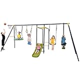 HONEY JOY Swing Set, 660lbs 7-in-1 Heavy Duty Swingset Outdoor for Kids w/A-Frame Metal Swing Stand, 2 Swings, Glider, Gym Rings, Slide, Monkey Bar, Basketball Hoop, Swing Sets for Backyard