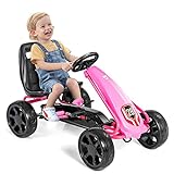 OLAKIDS Pedal Go Kart for Kids, 4 Wheel Powered Ride on Toy Car, Outdoor Indoor Foot Racer for Boy Girl with Adjustable Bucket Seat, Clutch, Manual Brake, EVA Tires (Light Pink)
