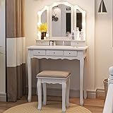 Tiptiper Vanity Table Set with Lighted Tri-Folding Mirror, Makeup Vanity with Lights & 3 Color Lighting Modes, Vanity Desk with Mirror and Cushioned Stool, Makeup Table with 5 Drawers, White