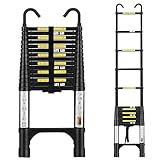 15.5 FT Telescoping Ladder with 2 Detachable Roof Hooks Aluminum Telescopic Extension Ladder with 2 Triangle Stabilizers, Multi-Purpose Collapsible Ladder for Household and Outdoor Working