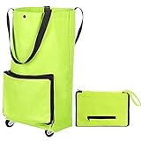 Huntoshon Shopping Bag with Wheels, Portable Trolley Bags Foldable Tote Grocery Cart, Reusable and Collapsible Utility Bag, 360° Swivel Wheels, Large Capacity for Travel and Home (Green)