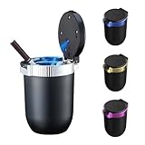 Car Ashtray with lid Portable Ash Tray Mini Car Trash Can with LED Blue Light Windproof for Outdoor Travel (Silver)