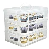 DuraCasa Cupcake Carrier, Cupcake Holder - Premium Upgraded Model - Store up to 36 Cupcakes or 3 Large Cakes - Stacking Cupcake Storage Container - Cookie, Muffin or Cake Carrier (White, Three Tier)