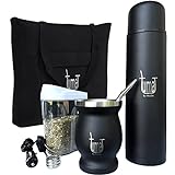 Complete Yerba Mate Kit - Includes Mate Cup, Straw (Bombilla), 750ml Thermos, Bag and two gifts (Container Yerbero and Car Immersion Heater) - Stainless Steel Yerba Mate Set (Black)