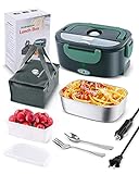 Andmenow 80W Faster Electric Lunch Box, Home Office Truck Car Food Warmer, Portable Food Heater with 304 Stainless Steel Container, Spoon & Fork and Carry Bag (GreyGreen)