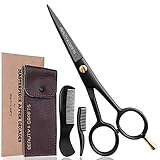 Beauty & Crafts- 5'' German Beard Mustache Scissor- 2 Mustache Combs for Facial Hair with Beautiful Pouch - Beard Trimming Scissors Use for Grooming, Cutting, and Styling of Mustache (Black)