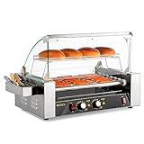 18 Hot Dog 7 Roller 1050W, Hot Dog Roller Grill Cooker Machine w/LED Lighting, Dual Temp Control, Cover, Removable Shelf & Drip Tray for Home Party Commercial