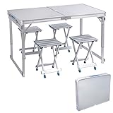 Folding Picnic Table with 4 Stools, Height Adjustable Camping Table and Chairs Set, Aluminium Portable Desk for Indoor Outdoor Travel Party BBQ Backyard