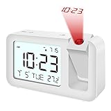 Projection Alarm Clock with 120° Rotatable Projector, 4 Level Brightness Adjustable, Ceiling Alarm Clock with Snooze, Adjustable Volumes for Bedroom, LCD Display with Backlight Temperature 12/24H