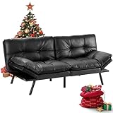DUMOS Futon Sofa Bed Memory Foam Futon Couch Bed Leather Sofa Sleeper, Modern Convertible Futon for Living Room, Small Love seat for Apartment Office, Adjustable Armrests Backrest, Black