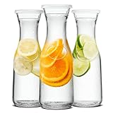 Glass Water Carafe Pitchers with Lid, by Kook, Glass Water Pitcher, Glass Carafe, Drink Dispensers for Parties, Mimosas, Tea, Water, Wine, and Juice, Plastic Lids, Dishwasher Safe, 35 oz (set of 3)