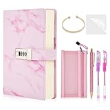 Diary with Lock Gift Set for Girls ages 8-12, Marble PU Leather 300 Pages Kids Journals for Writing, Drawing Notebook with Lock Includes Combination Lock,Double Layer Pencil Pouch,Bracelet,Diamond Pen