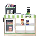 Teamson Kids Cashier Austin Interactive Wooden Play Market Stand with Lights and Sounds, Manual Conveyor Belt, Register and Display Spaces, Green and White Décor on Natural Wood