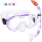 Kids Snorkel Set, Children Anti-Fog Diving Mask Swimming Goggles Semi-Dry Snorkel Equipment Snorkeling Packages Swimming Gear for Youth Boys Girls Age 5-10 (Purple White)