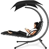 Best Choice Products Outdoor Hanging Curved Steel Chaise Lounge Chair Swing w/Built-in Pillow and Removable Canopy - Black