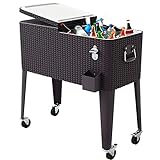 Giantex 80 Quart Rattan Rolling Cooler Cart Outdoor Patio Portable Party Drink Beverage Bar Cold Beach Chest Cart on Wheels, Brown Wicker, 32.7''(L) X18.9''(W) X43.3''(H)