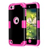 Case for iPod Touch 5 Case for iPod Touch 6 Case, Dual 3 in 1 Hard PC Case + Silicone Shockproof Heavy Duty High Impact Armor Hard Case Cover for Apple iPod Touch 5 6th Generation (Black+hot Pink)