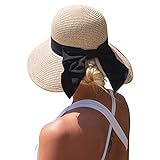 Women Summer Straw Sun Hat UPF Ladies Beach Accessories Fashions Hats Fedora Wide Brim Packable Beige Large L