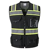 JKSafety Hi-Vis Black Surveyor Safety Vest for Men Women High Visibility Reflective Construction Vest Mesh Cushioned Collar Heavy Duty PPE Inner Pockets ANSI/ISEA Compliant(188-Black XL)